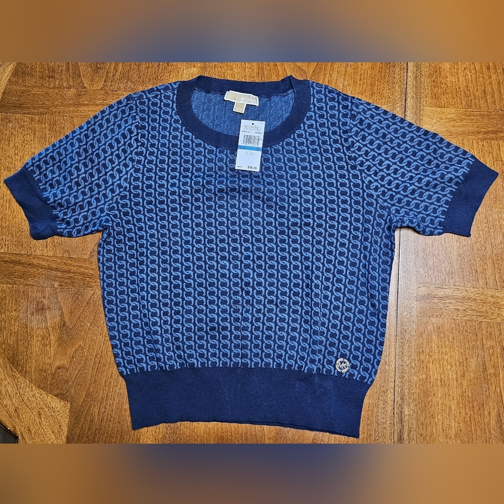 MICHAEL KORS Short Sleeve Sweater XL Chambray Blue Cable Pattern Woman's NWT